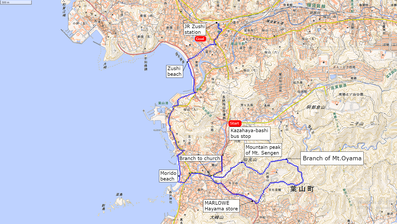 仙元山ハイキングコースの地図 | クリックすると別タブで拡大図が開きます。
